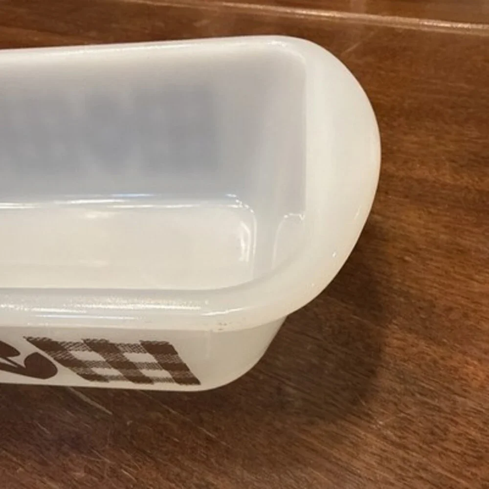 Vintage Glasbake 5x9  White Milk Glass Loaf Pan Brown Gingham Tulips